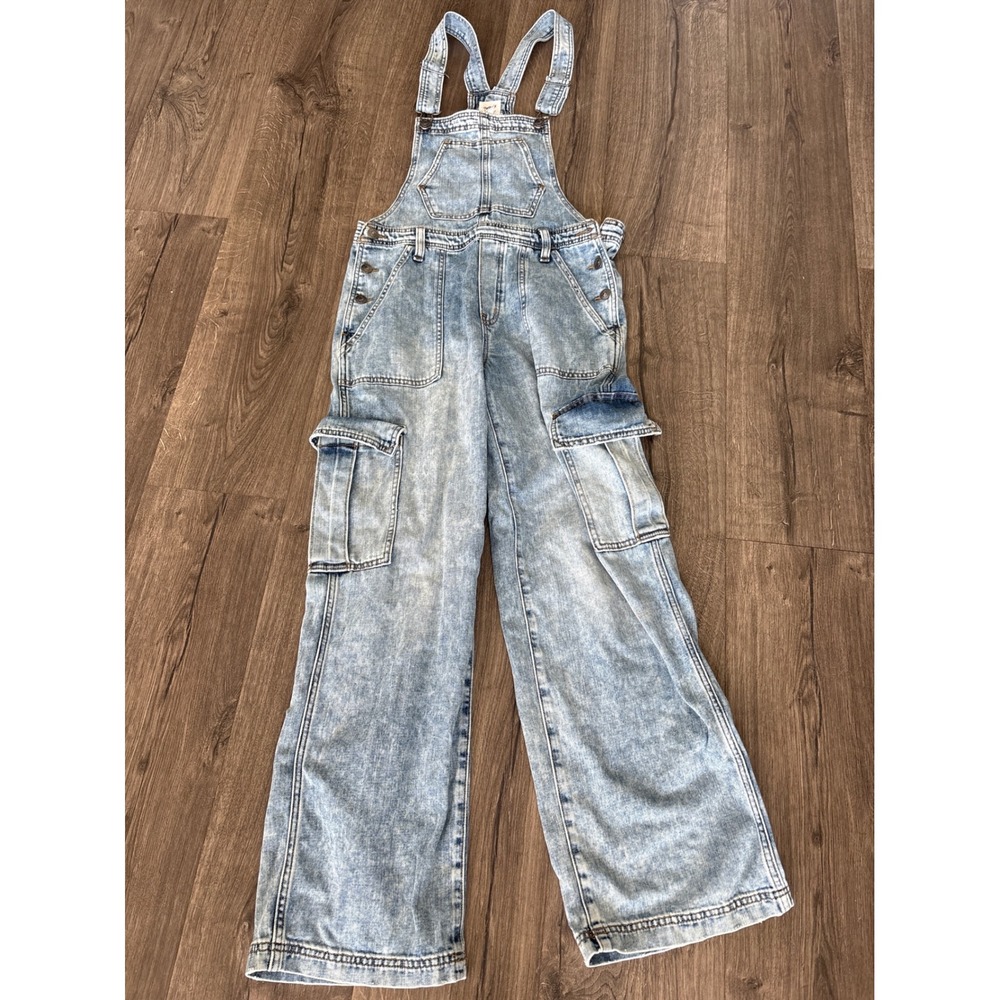 Vintage y2k Aerie Denim Cargo Overalls Light Wash Wide Leg Utility Dungarees S